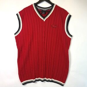 Vintage Y2K FUBU Red Cable Knit Sweater Vest V-Neck Striped XL 90s Streetwear